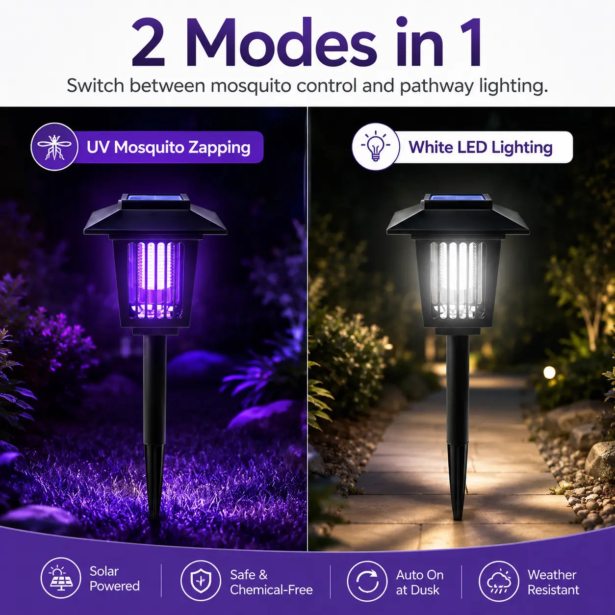 Transform Your Outdoor Space with the Solar Mosquito Zapper Light – Stylish Garden Stake Lamp with Dual Functionality for Insect Control and Pathway Illumination