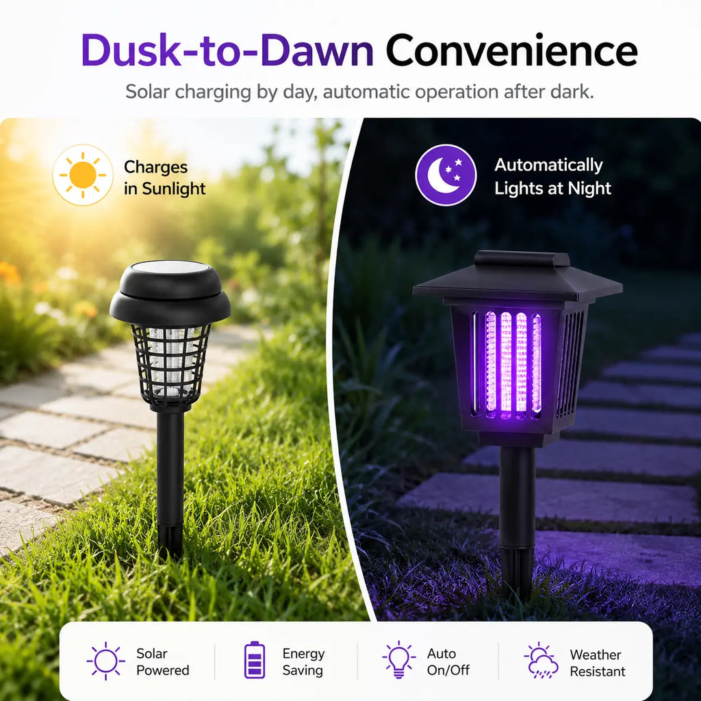 Transform Your Outdoor Space with the Solar Mosquito Zapper Light – Stylish Garden Stake Lamp with Dual Functionality for Insect Control and Pathway Illumination